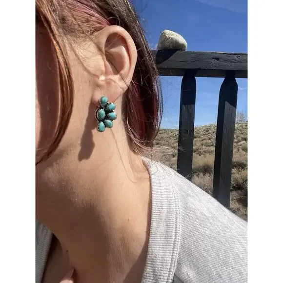 Native American Style Sterling Silver Turquoise Half Cluster Earrings Southwest - Picture 4 of 10